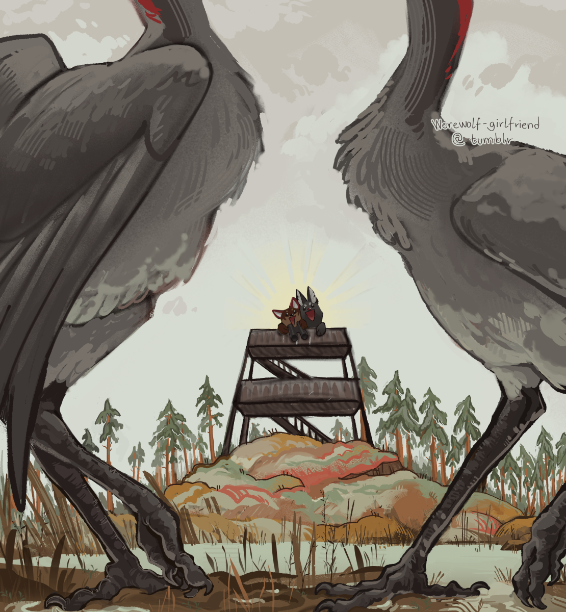 Digital painting of a wetland. In the foreground, the bodies and legs of a pair of common cranes dance in greeting. They frame a bird tower in the background of the painting, upon which two small furry animals look on excitedly, holding a pair of binoculars.